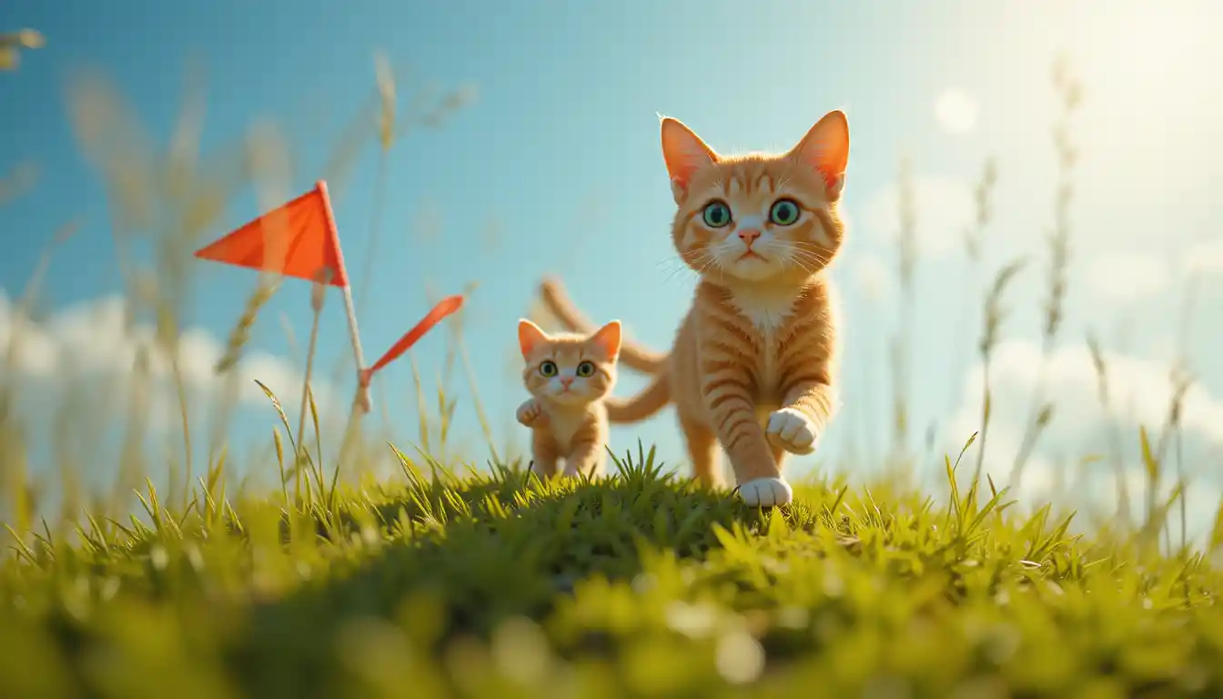 Ginger mother cat and kitten running up a tiny grassy hill