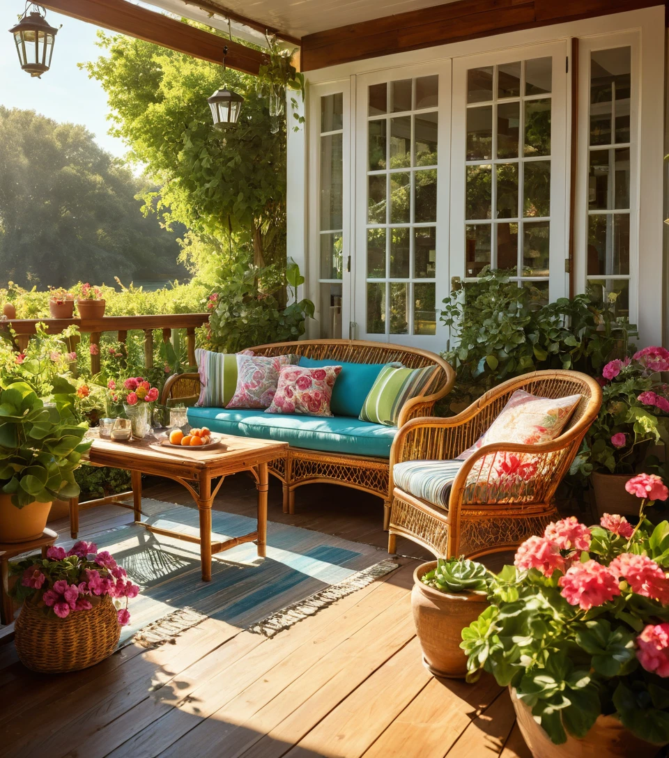 Sunlit country porch with colorful rattan seating