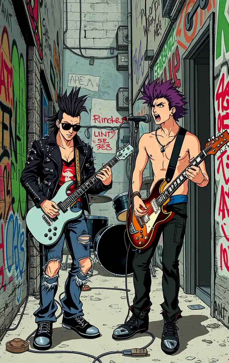 Dúo de punk rock tocando guitarras en un callejón con grafitis