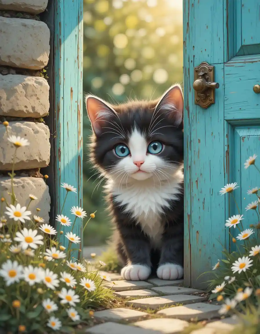 Shy kitten peeking around a turquoise wooden cottage door