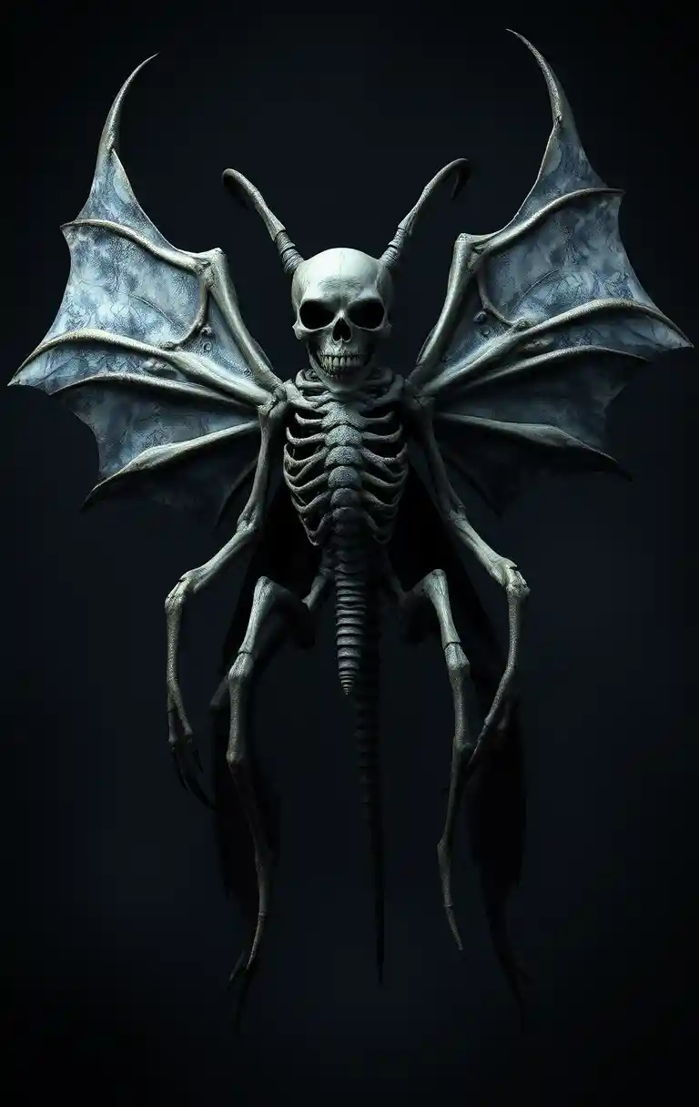 Creepy skeletal insect monster with human skull and wings