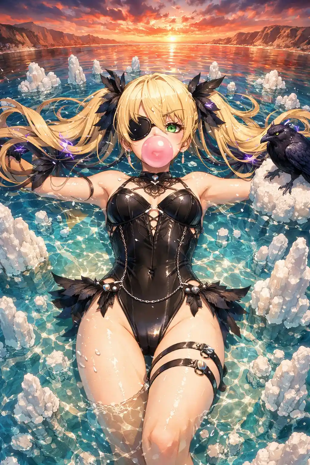 Anime girl floating in the Dead Sea at sunset