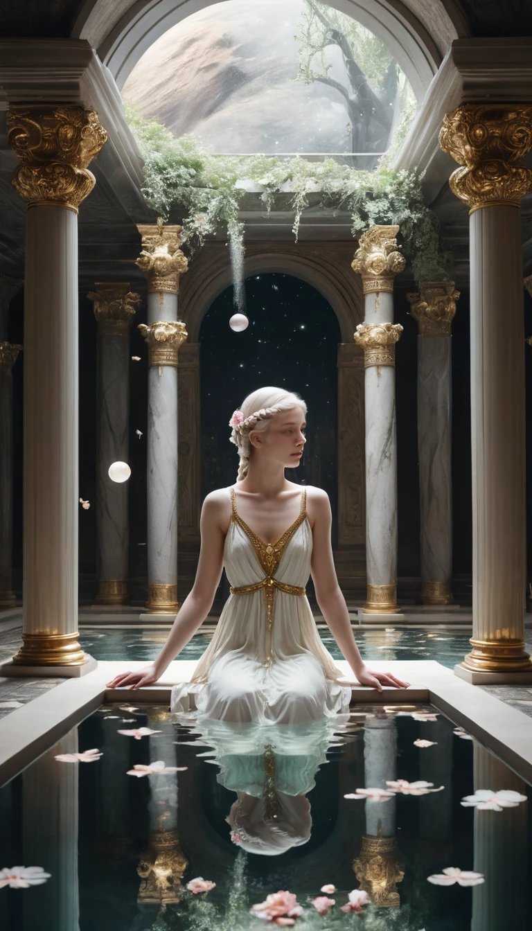 Celestial sorceress bathing in a luminous fantasy hamam