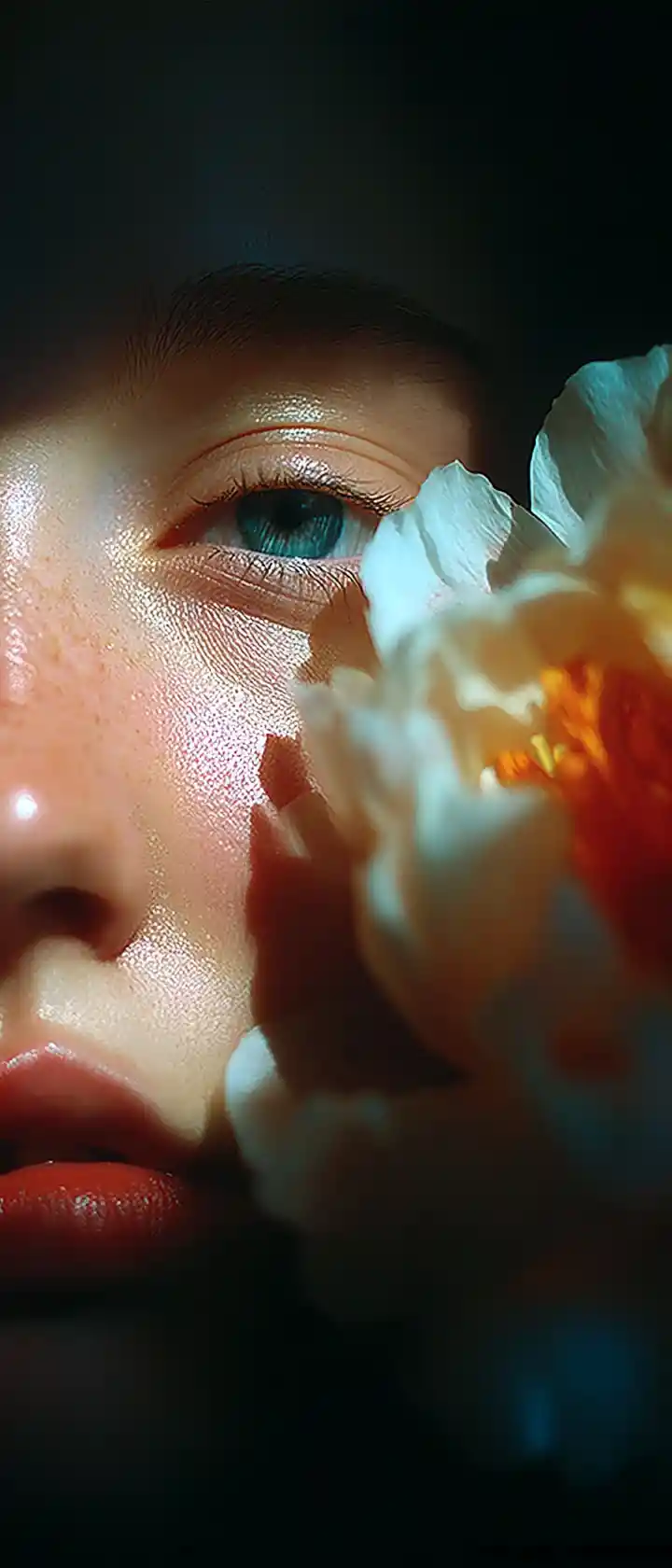 Close up of peony beside elegant fashion model face