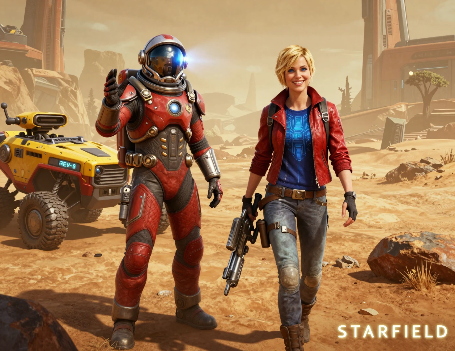 Sci fi explorers walking beside a rover on desert terrain