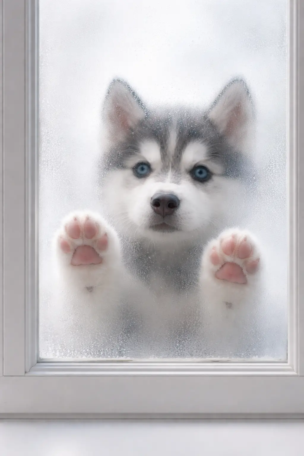 Siberian husky puppy behind frosted glass window close up