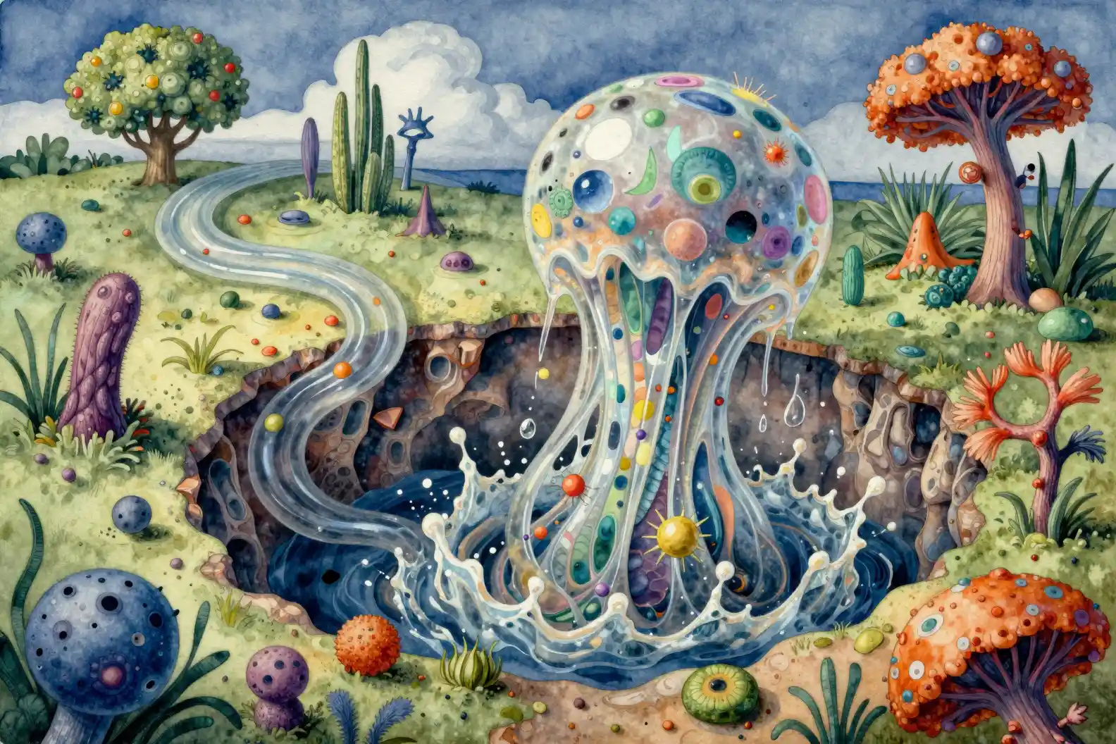 Criatura de limo translúcida que se eleva desde una caverna surrealista