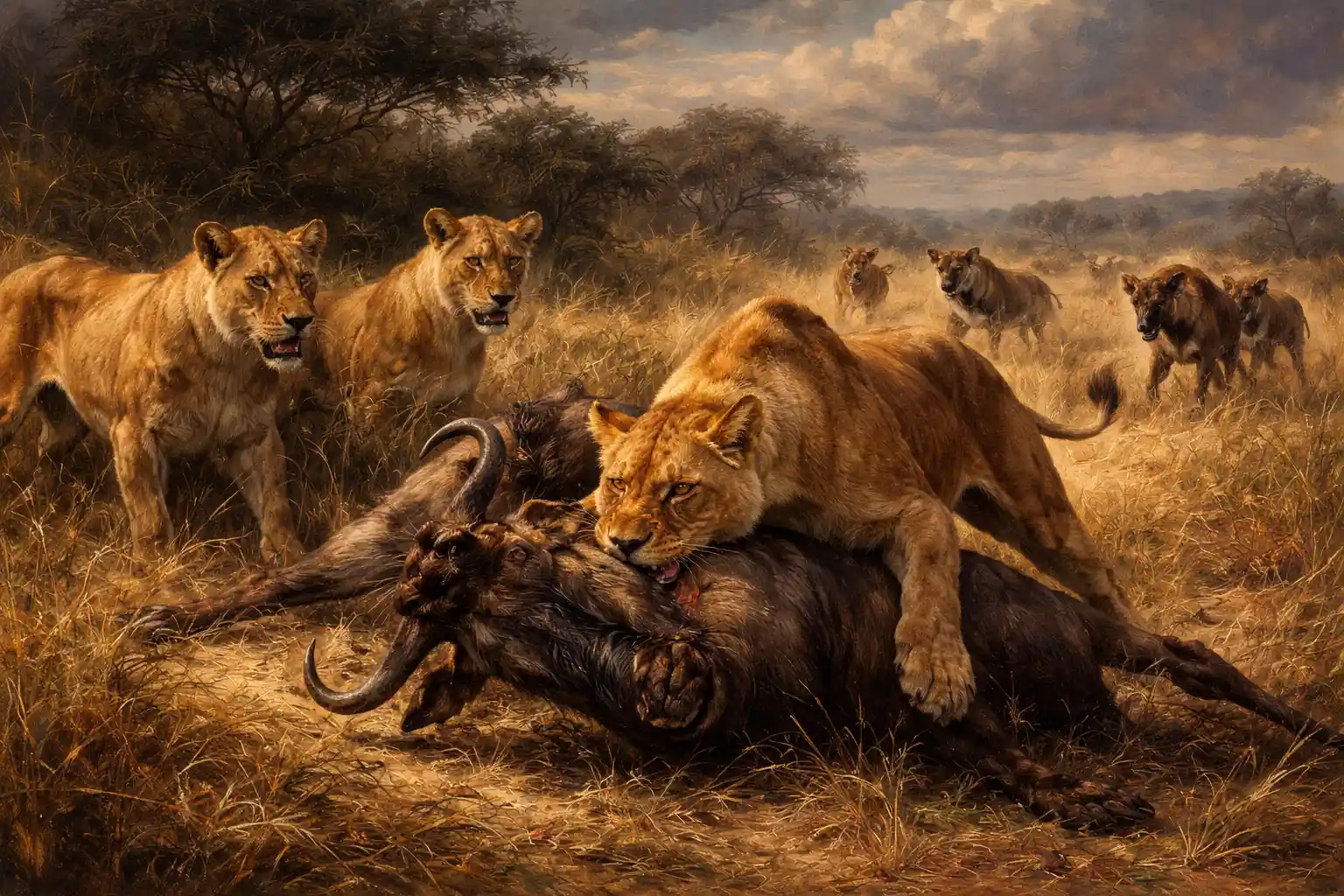 Leonas cazando un ñu en las llanuras africanas
