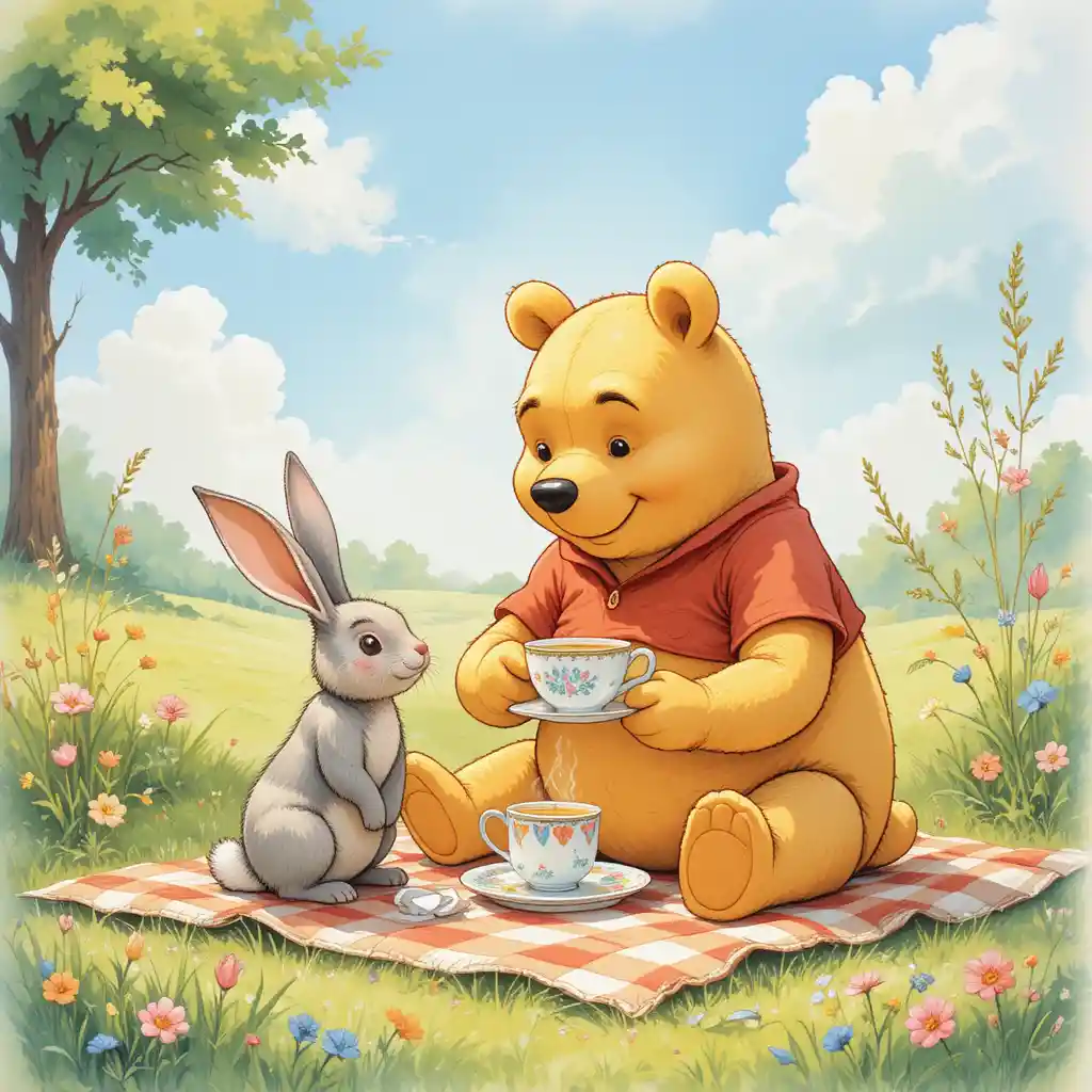 Teddybär und Hase teilen sich Tee auf einer sonnigen Wiese
