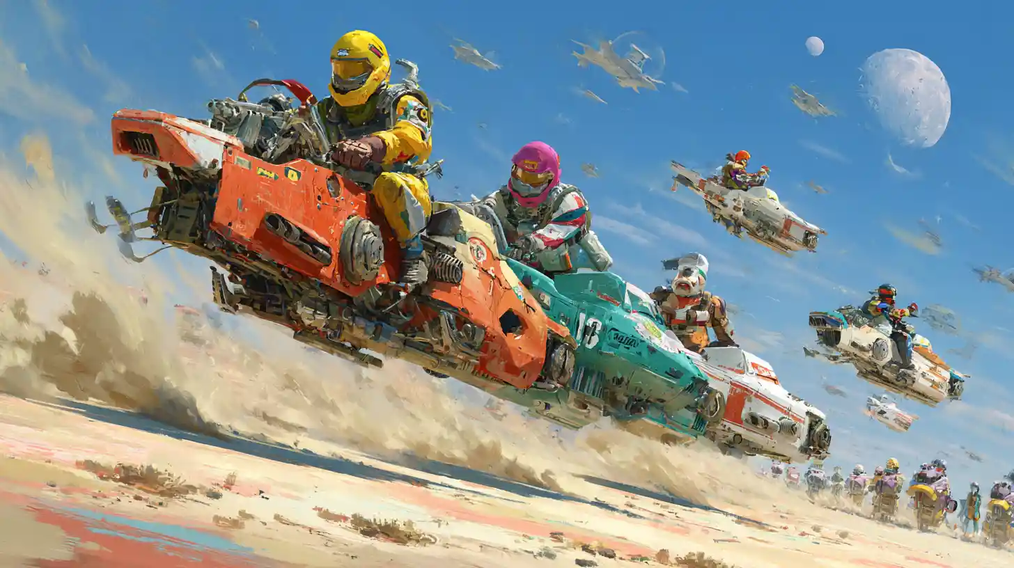 High speed land speeder race across a vivid desert