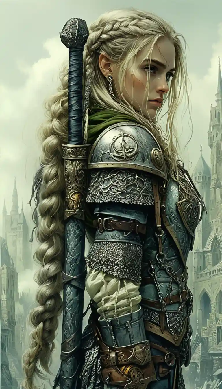 Blonde nordic warrior woman with shield and axe