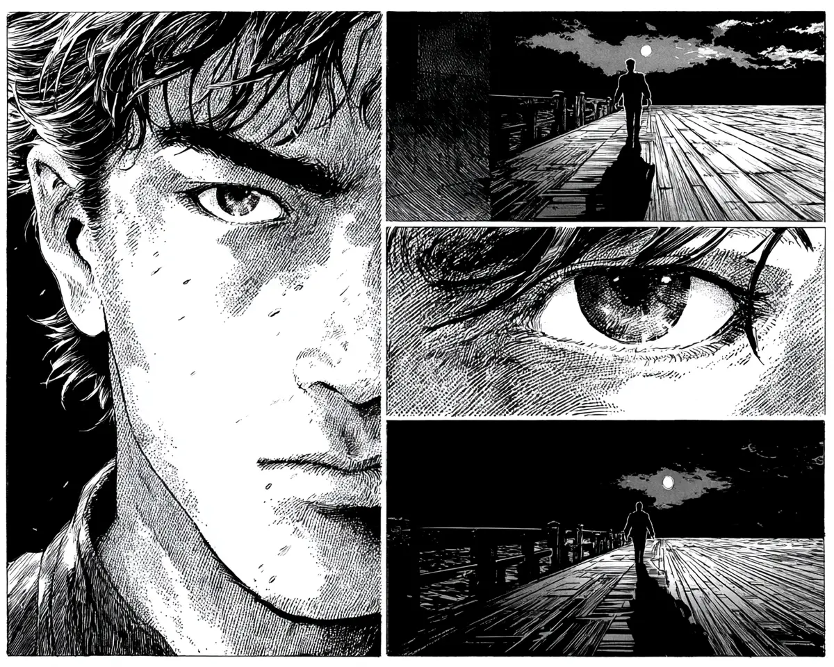 Handsome man on a deserted pier at night in manga style