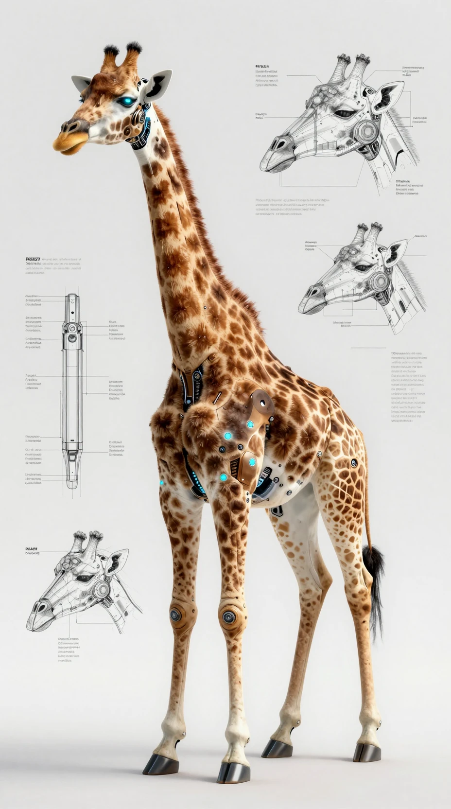 Cybernetic giraffe with glowing eye and technical blueprint background