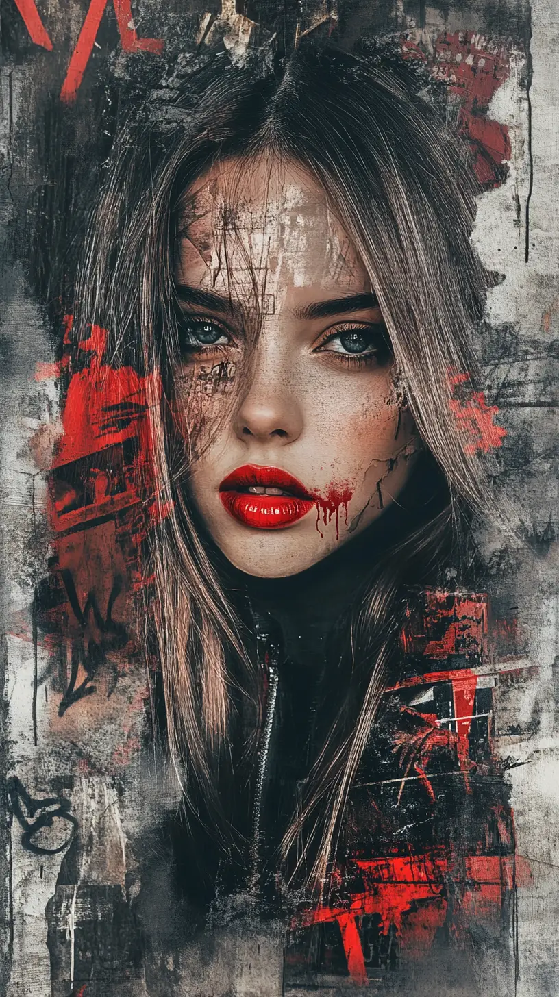 Defiant young woman portrait against chaotic graffiti wall