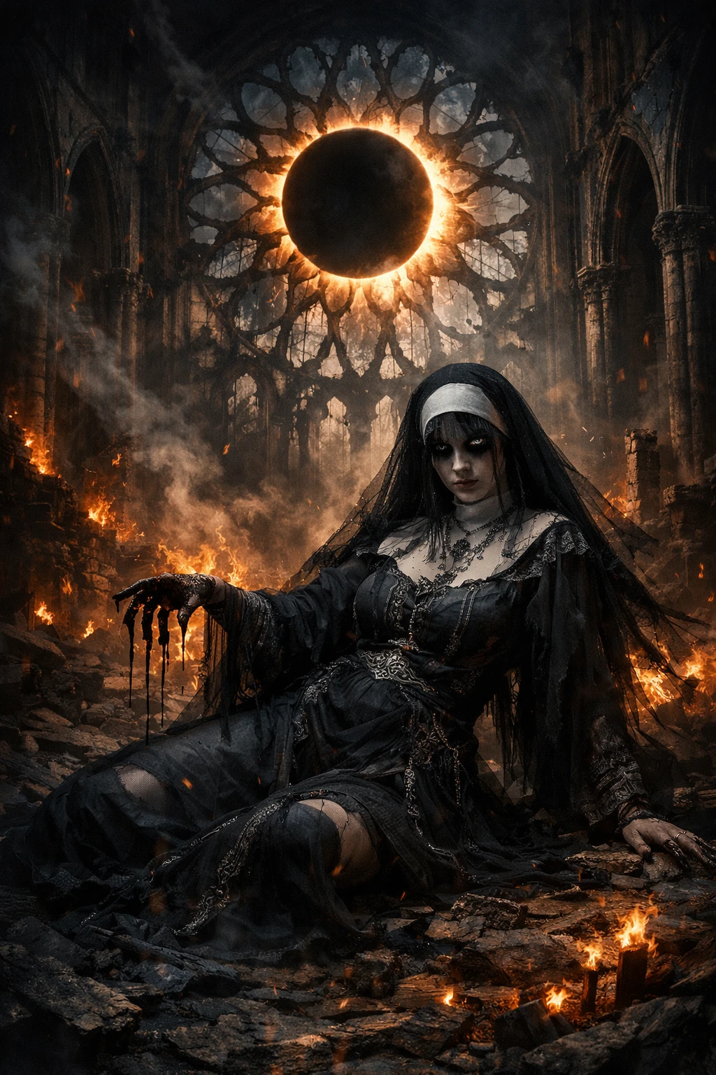 Fallen gothic nun in ruins of a burning cathedral