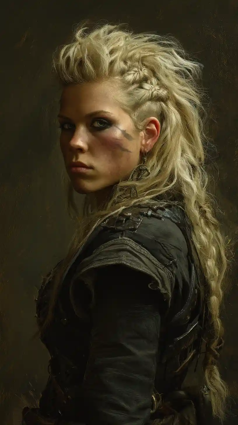 Fierce nordic warrior woman with shield and axe ready for battle