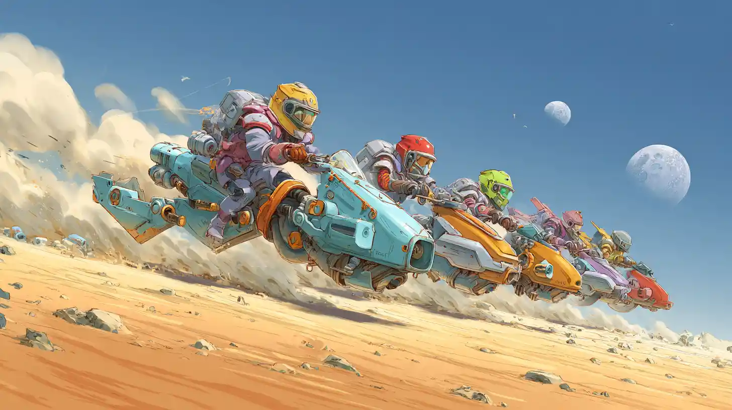 Colorful land speeders racing across a vibrant desert
