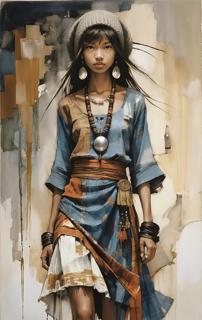 Mujer asiática con atuendo bohemio frente a un fondo abstracto pintado