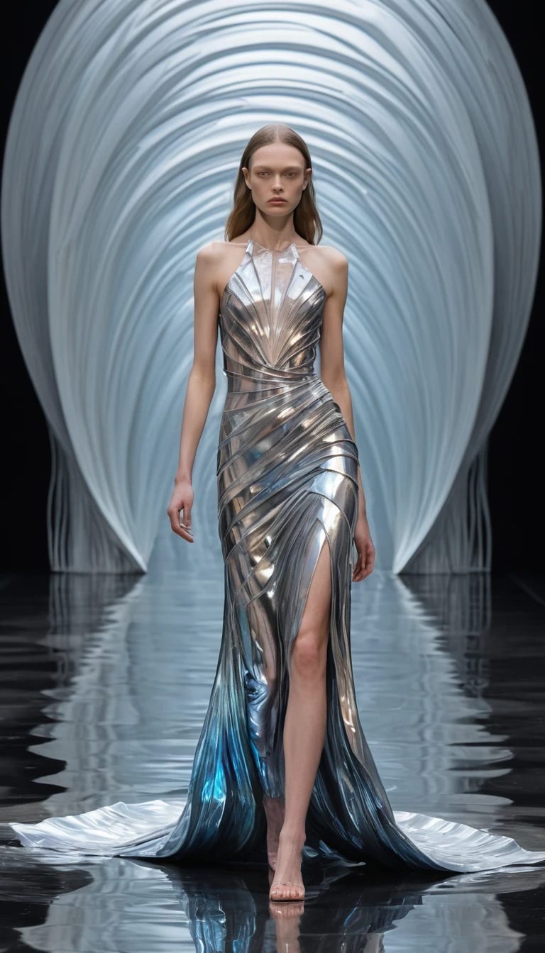 Surreal chrome woman strutting as a living landscape