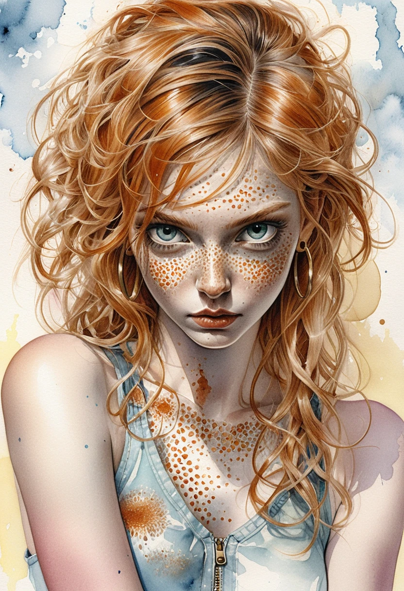 Red haired girl portrait with silver hoops against blue wall