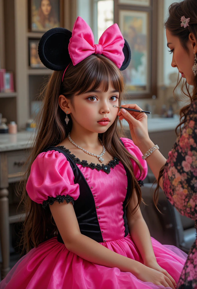 Niño con vestido rosa recibiendo maquillaje de una mujer