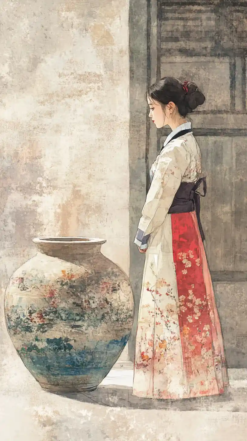 Young Woman In Korean Hanbok With Large Ceramic Vase