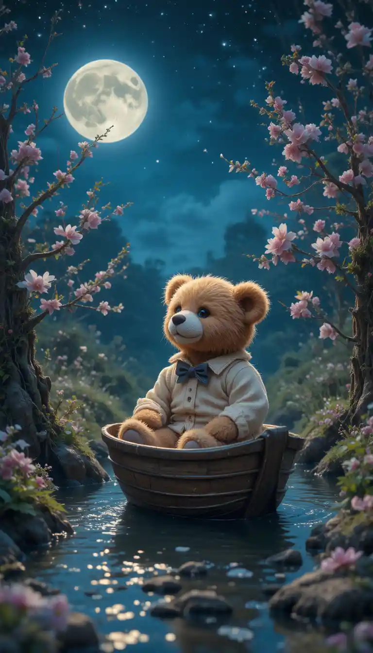 Teddy bear in a small boat under a starry night sky