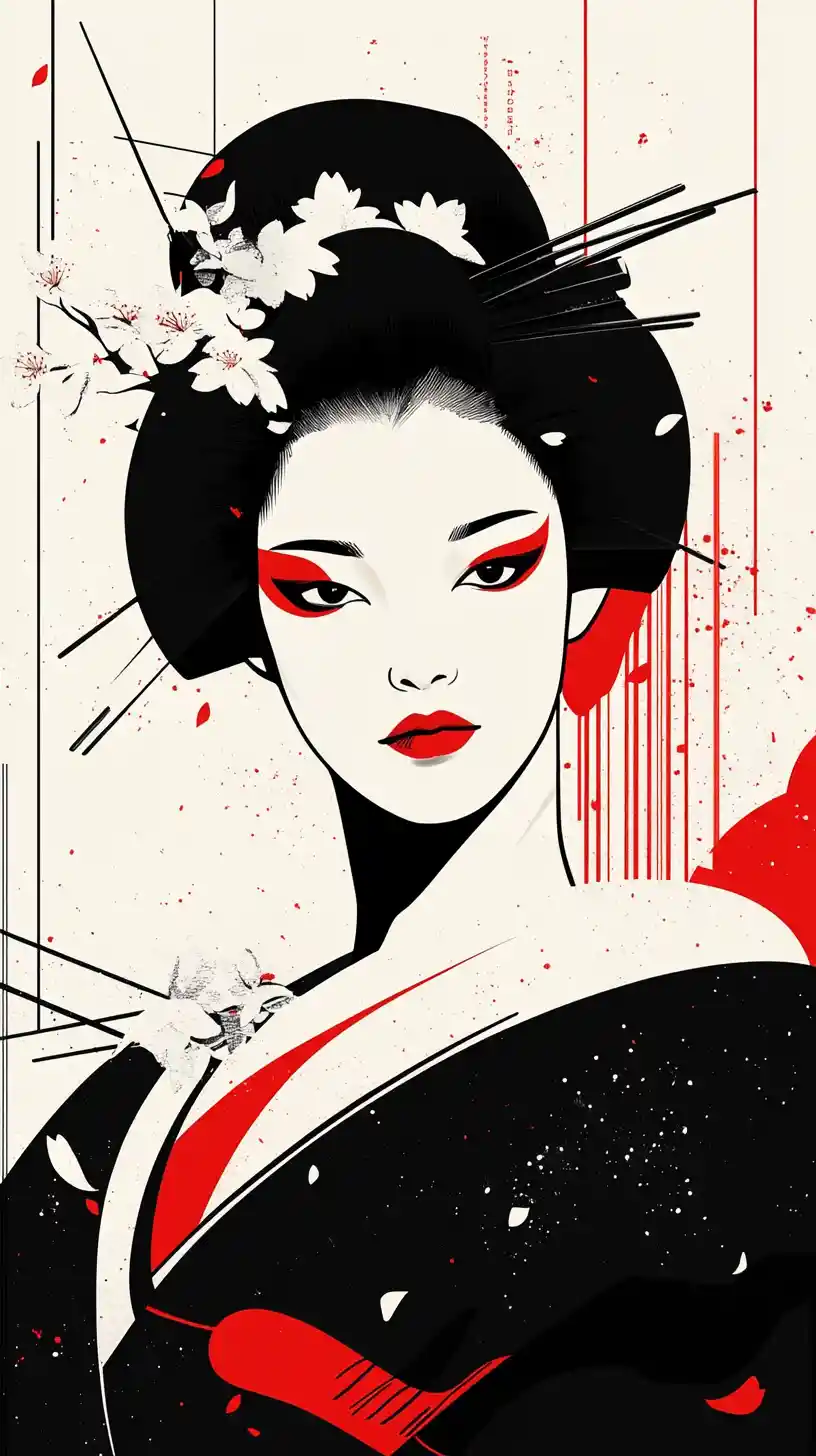 Retrato elegante de geisha japonesa en estilo vectorial minimalista