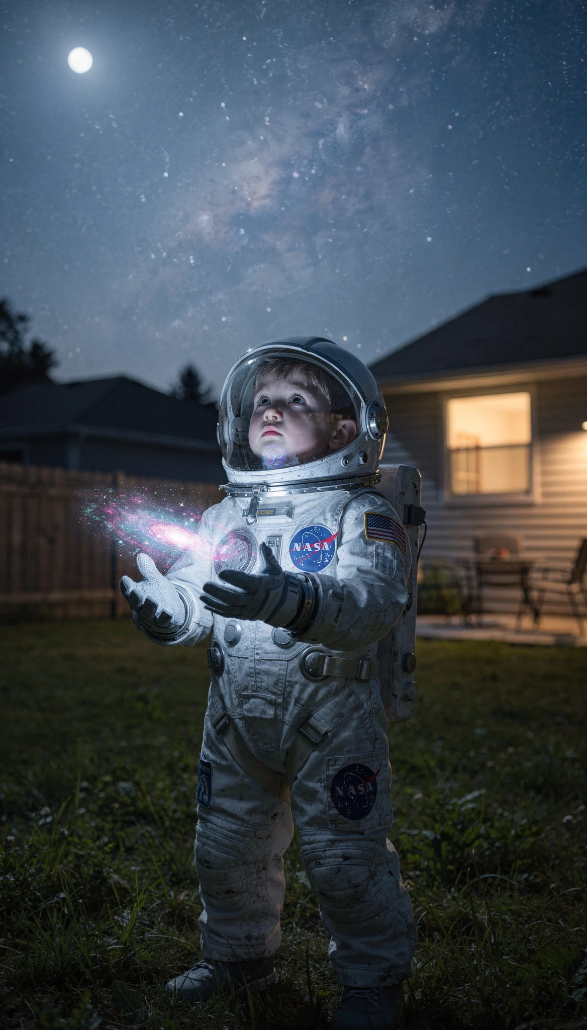 Niño con traje espacial mirando el cielo nocturno con nebulosa brillante