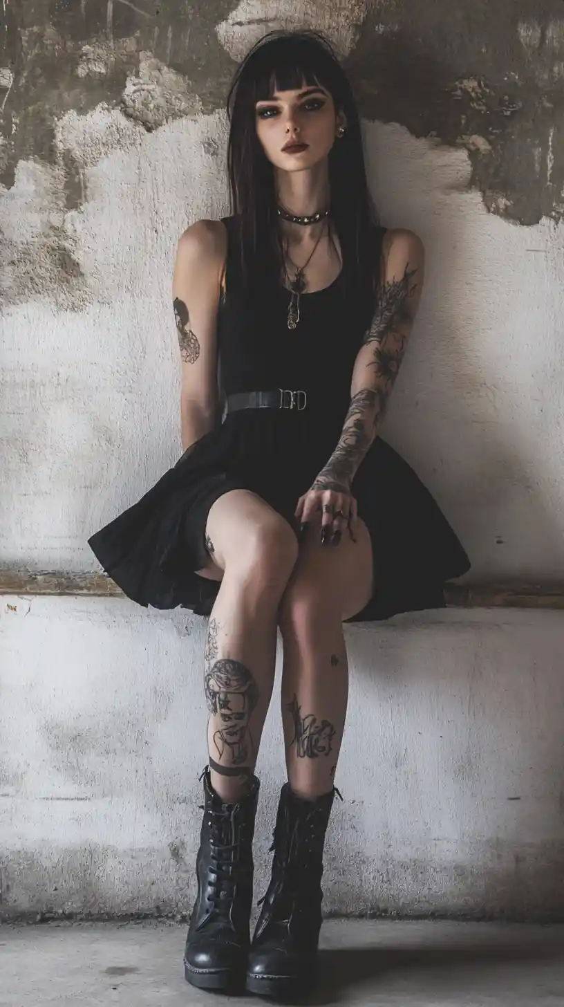 Gothic fashion woman in leather skirt against textured wall