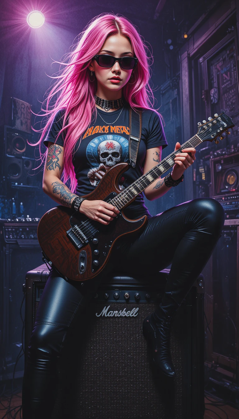 Fille aux cheveux roses avec guitare électrique en studio