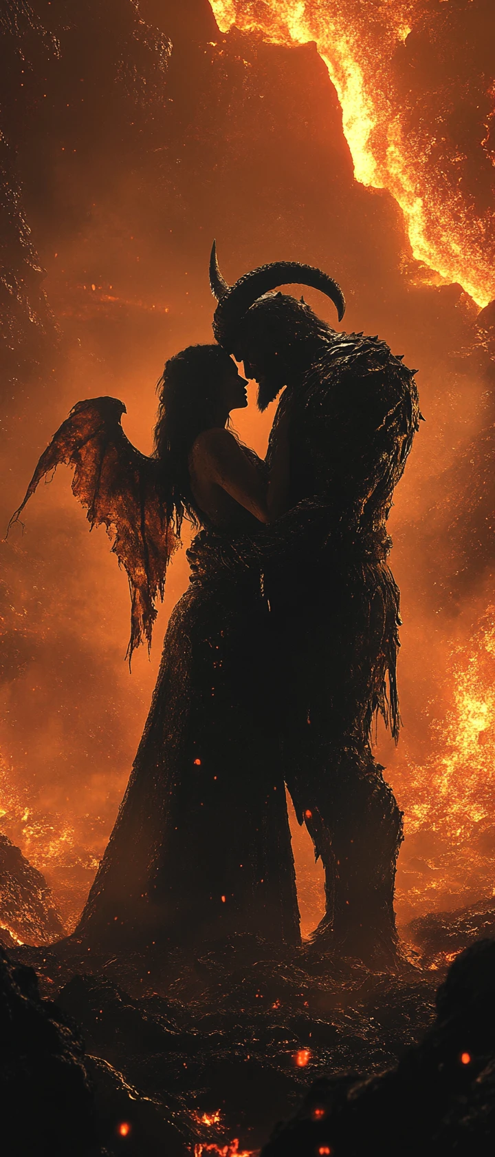 Demon lord kissing demoness in a volcanic nightscape