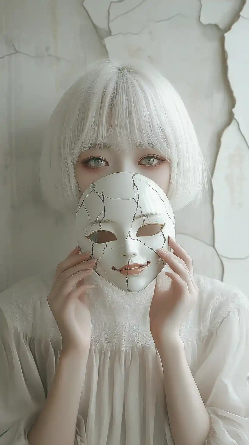 Ragazza anime dai capelli bianchi che tiene una maschera di porcellana rotta