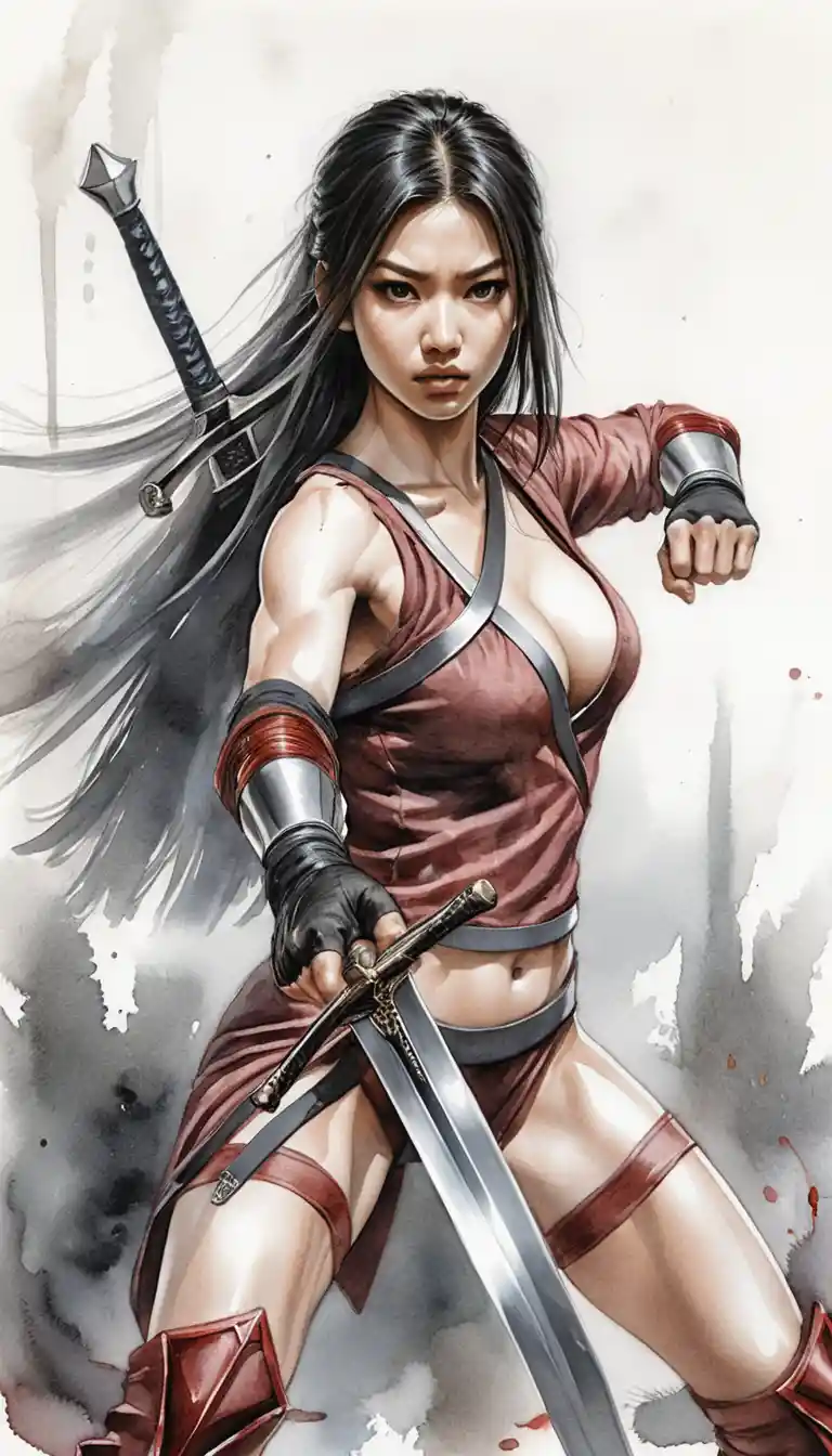 黑暗迷霧中手持武士刀的肌肉系亞洲女戰士