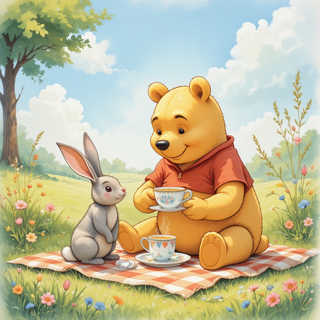 Teddy bear and rabbit sharing tea in a sunny meadow