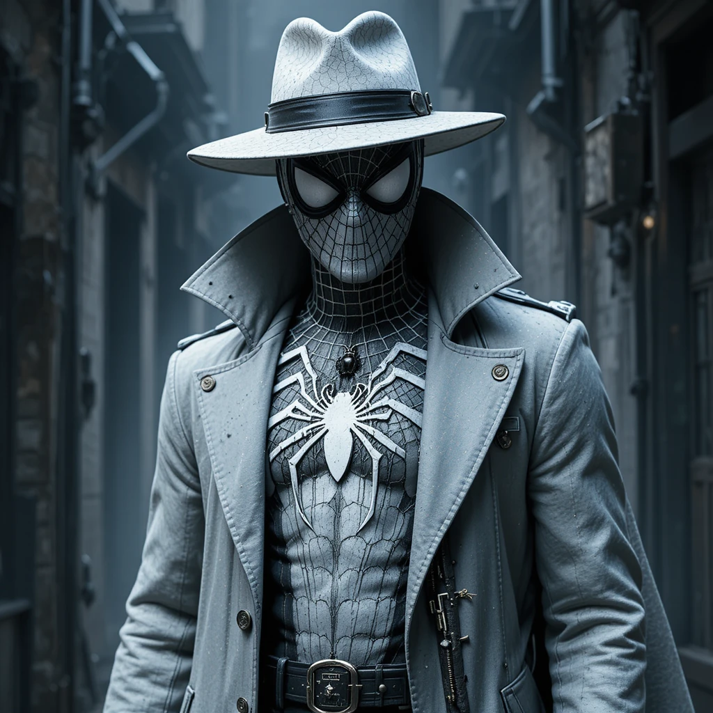 Noir-Spinnenheld mit Trenchcoat und Detektivhut