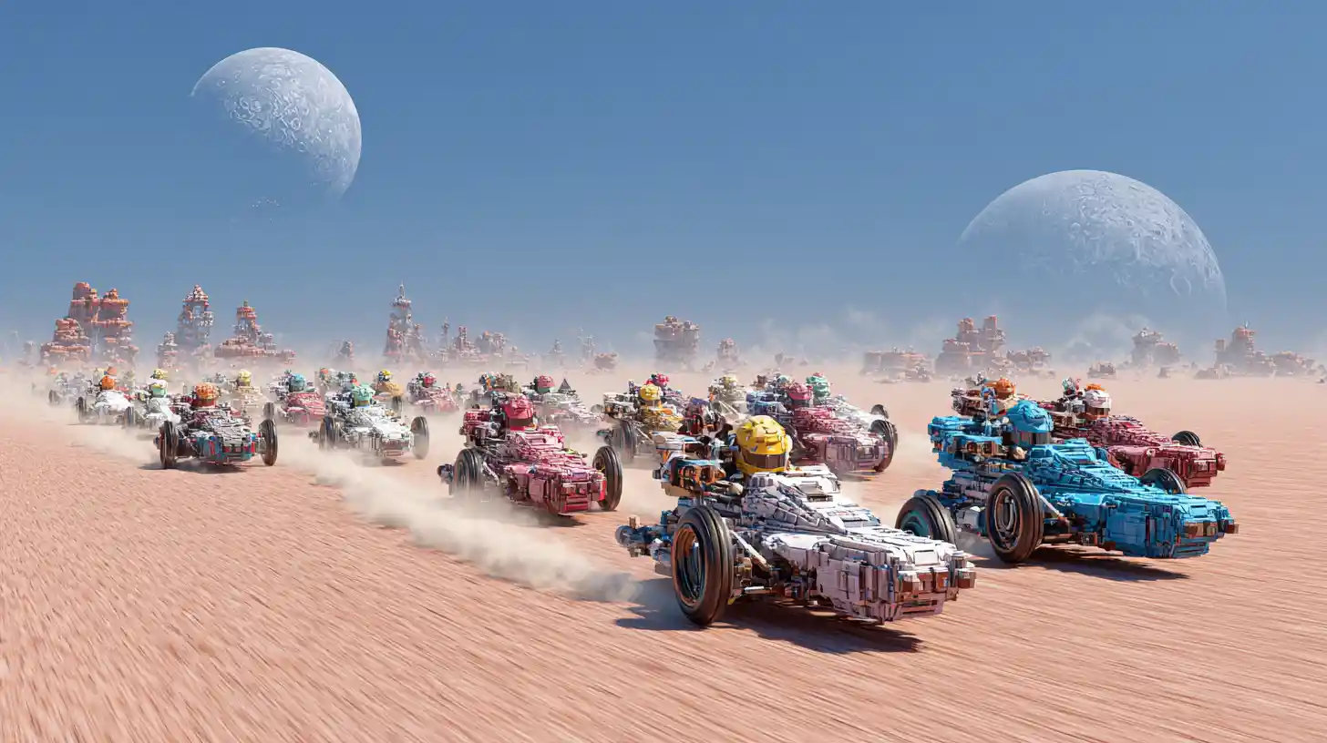 Speeder terrestri fatti in casa che sfrecciano in un colorato deserto