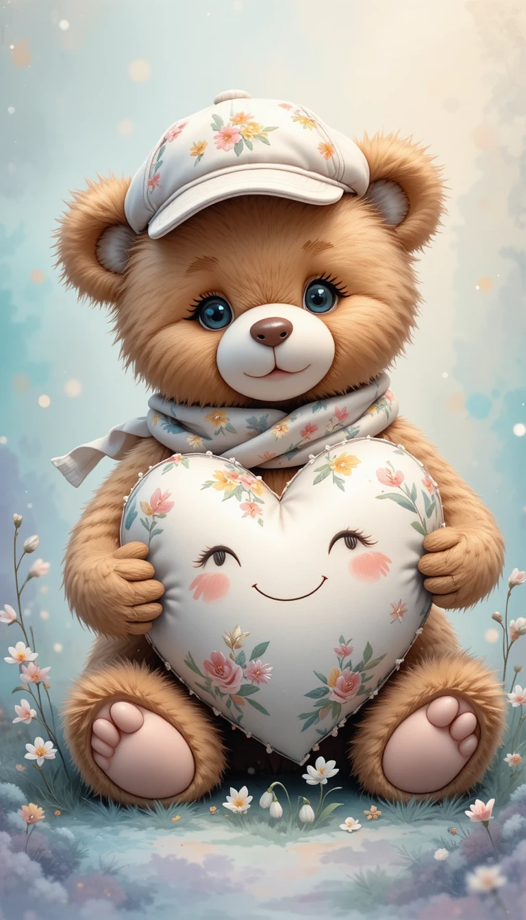 Cute teddy bear hugging a smiling heart pillow