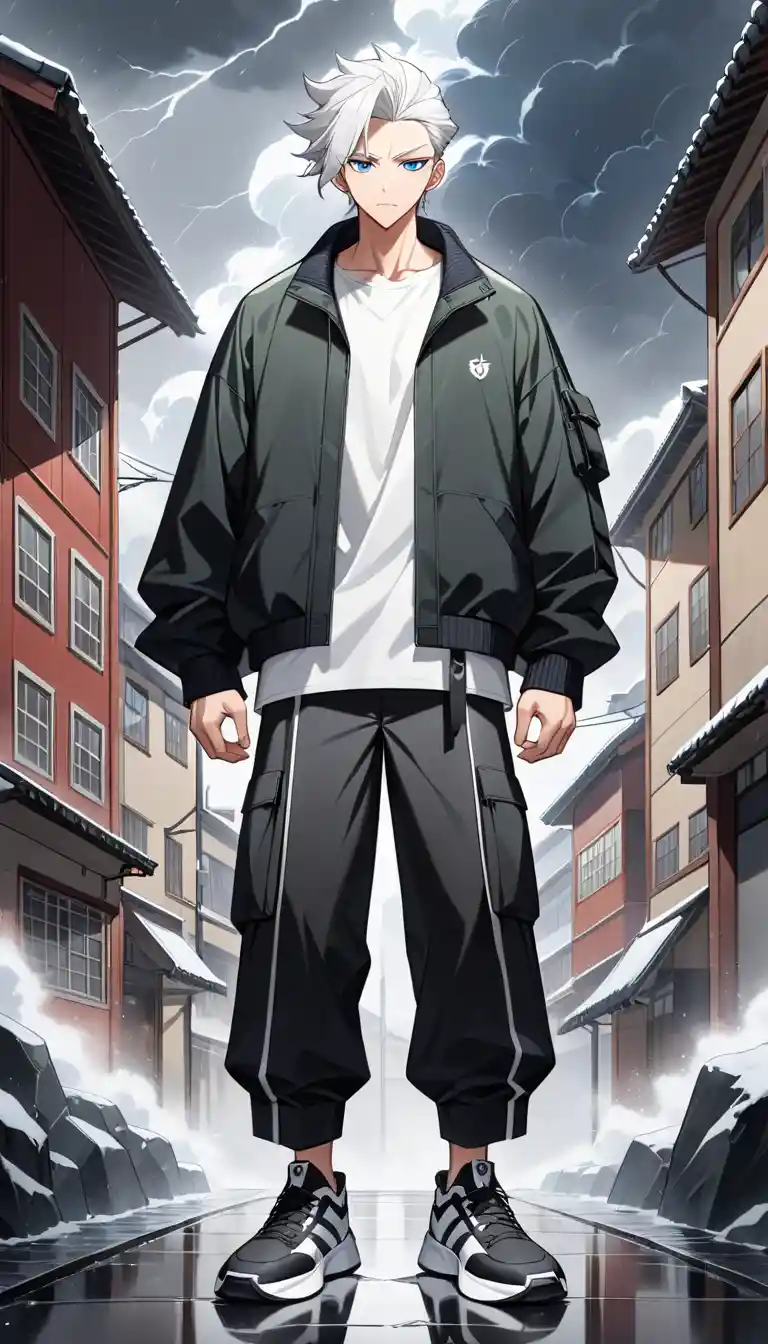 Homem de anime de cabelos brancos em cena externa tempestuosa