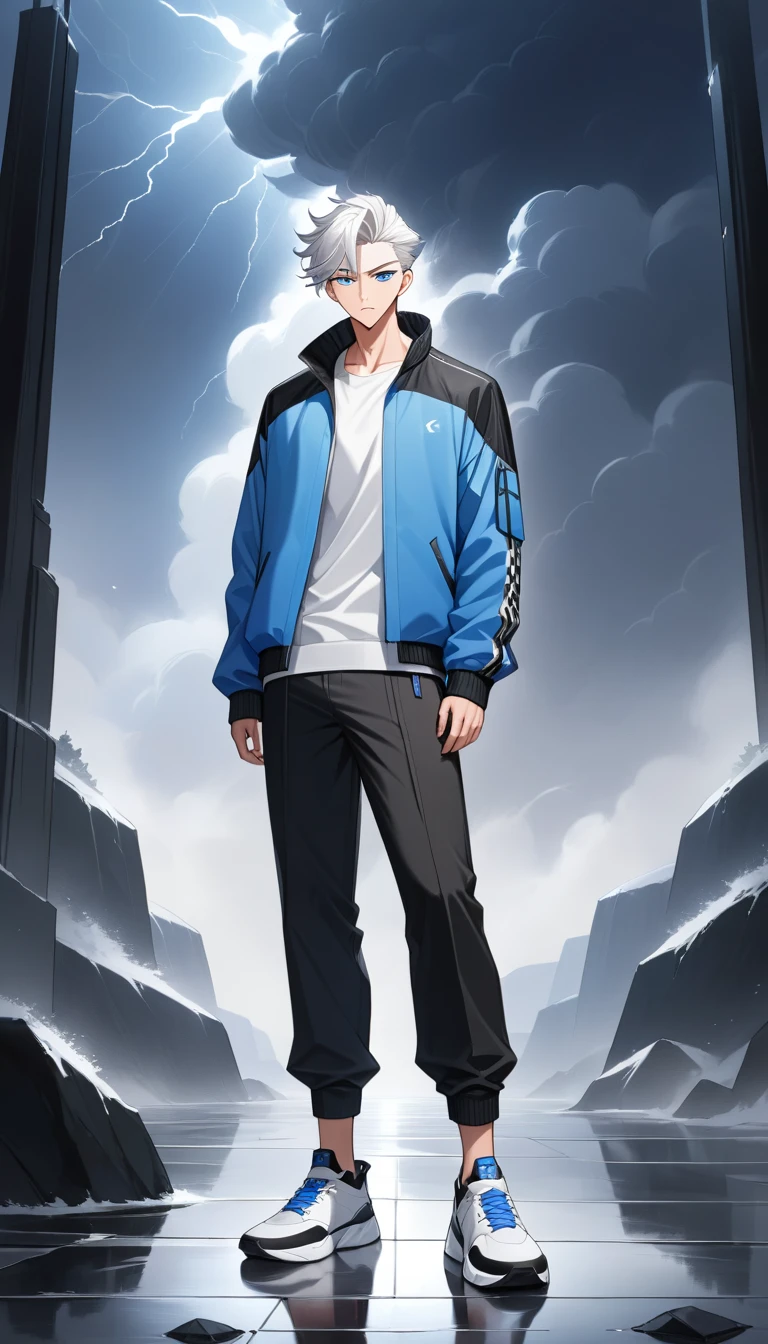 Homem de anime de cabelo branco em cena externa tempestuosa