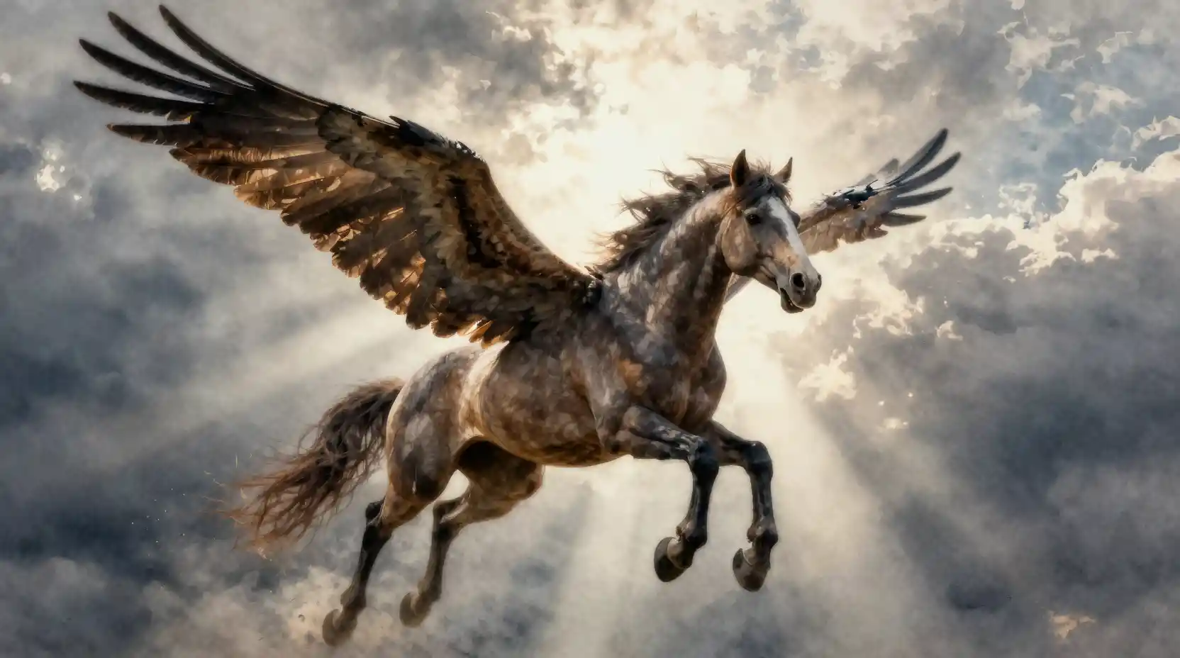 Hippogreif fliegt durch dunkle Wolken im dramatischen Gegenlicht