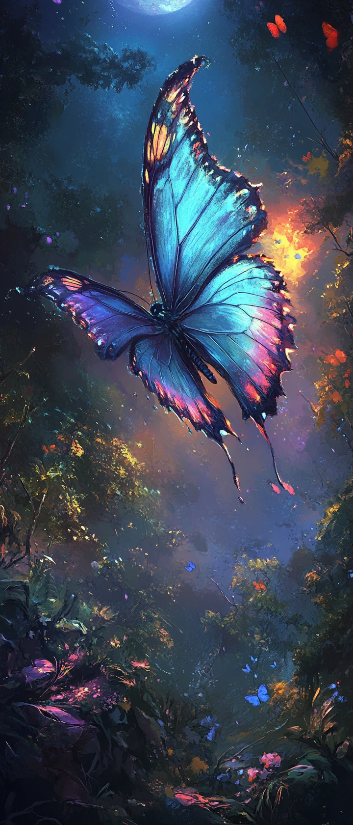 Mariposa gigante y desgarrada sobre un claro de bosque a la luz de la luna
