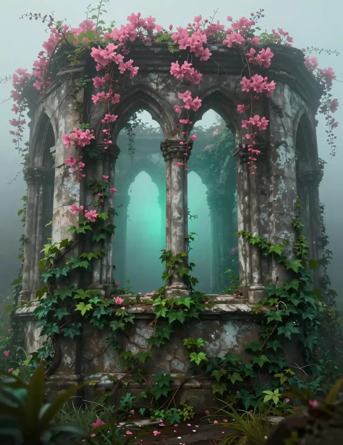 Gothic ruin glowing with teal light in misty vines