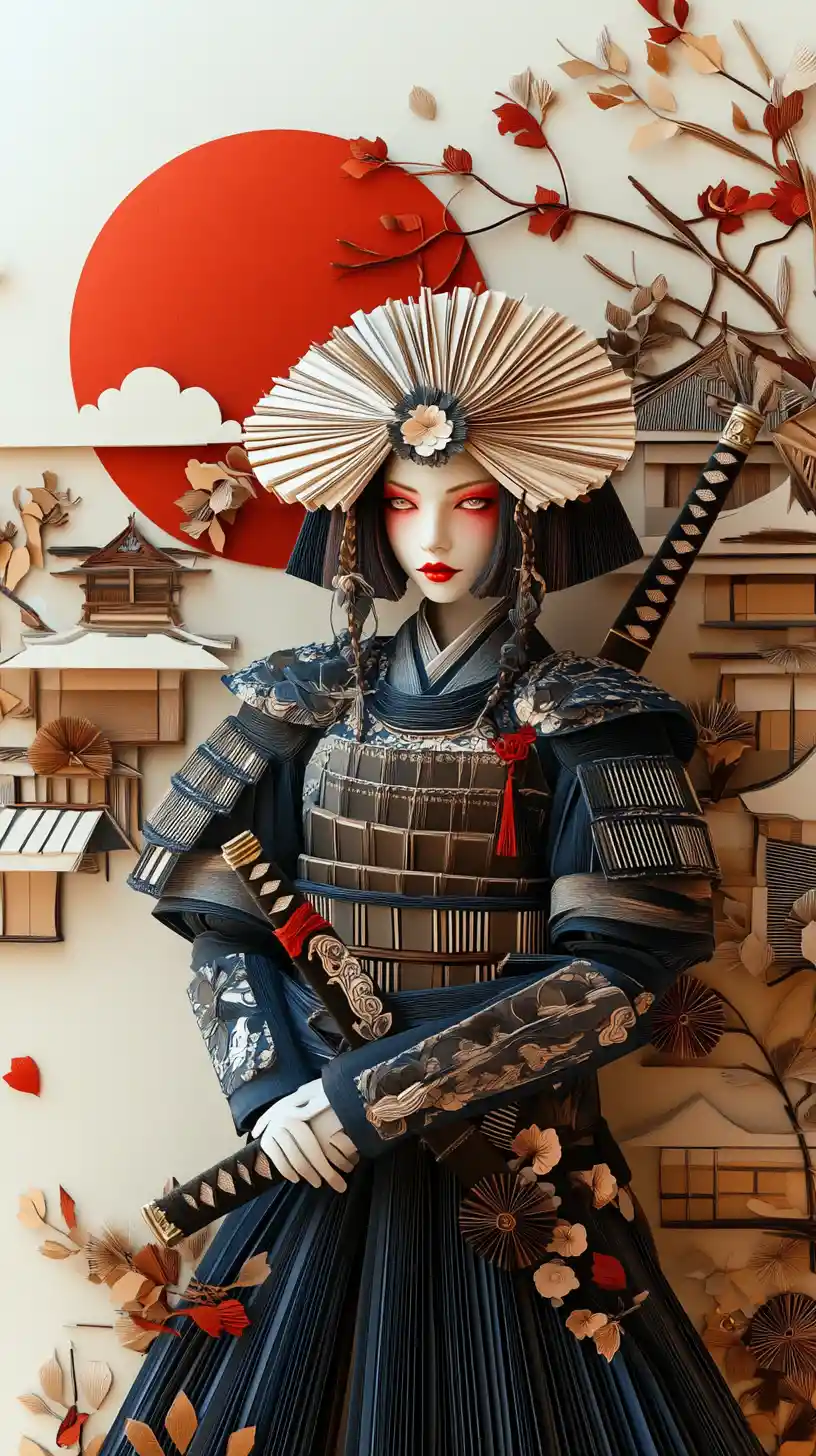 Mujer samurái con armadura ornamentada frente a un muro japonés de filigrana de papel