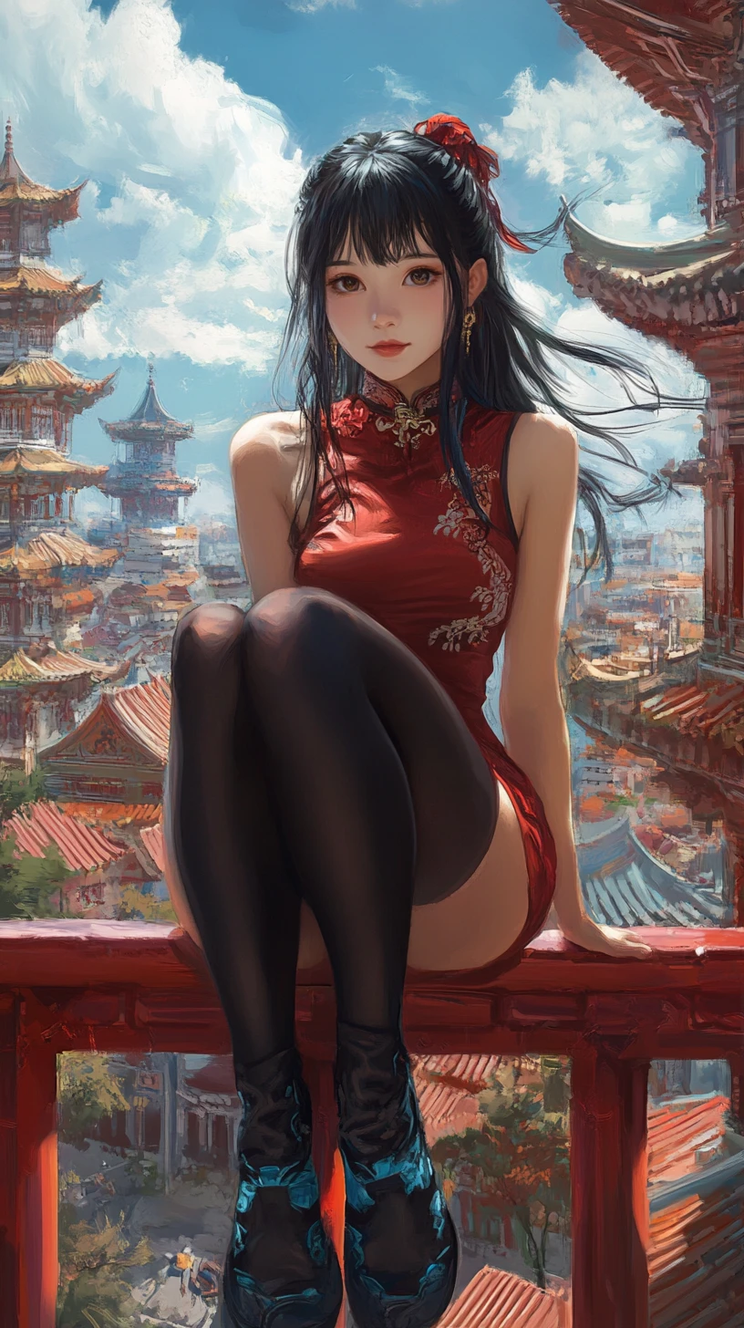 Fille d’anime sur les marches d’un temple dans une ville urbaine colorée