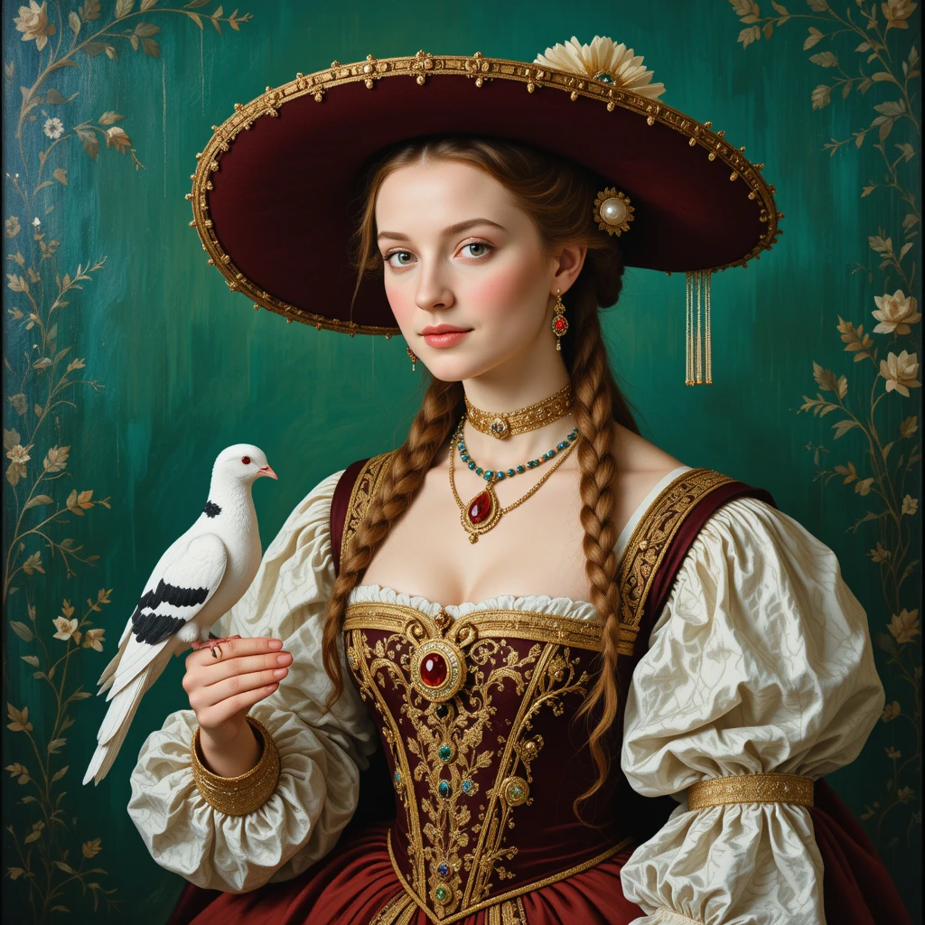 Renaissance noblewoman in jeweled gown with carrier pigeon