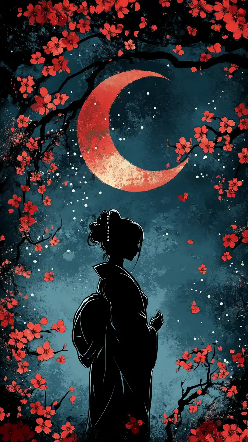 Mulher de quimono sob a lua crescente e flores de cerejeira