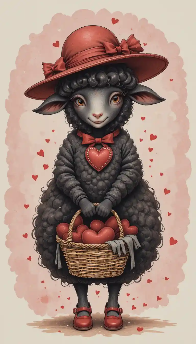 Pecora nera fantasiosa con cappello rosso e cesta di cuori