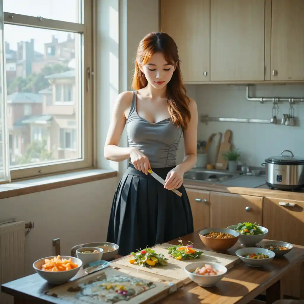 Young woman slicing kimbap in a sunlit cozy kitchen