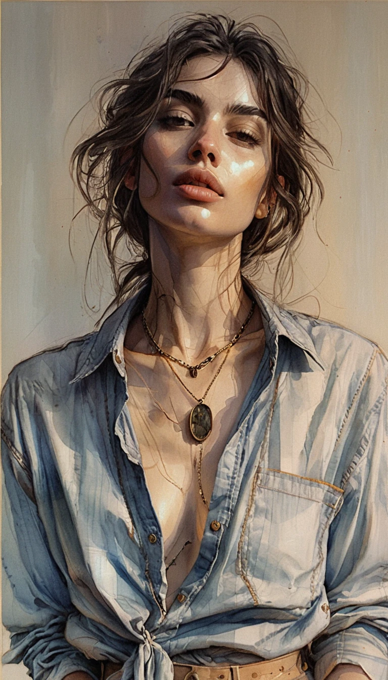 Sensual bust portrait of a young woman in denim shirt
